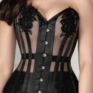 Black Mesh and Lace Appliqué Waist Taming Overbust Corset